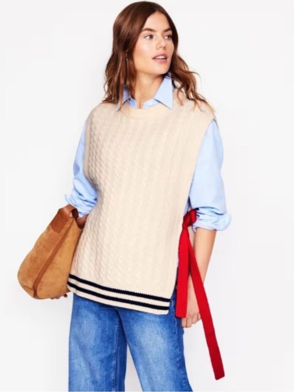 Boden Side Tie Cable Knit Tabard Sweater